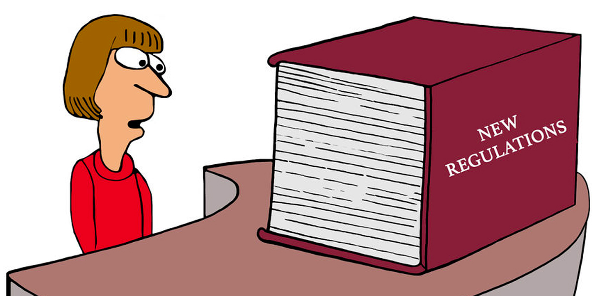 Cartoon of a lady looking at a huge book of new policies